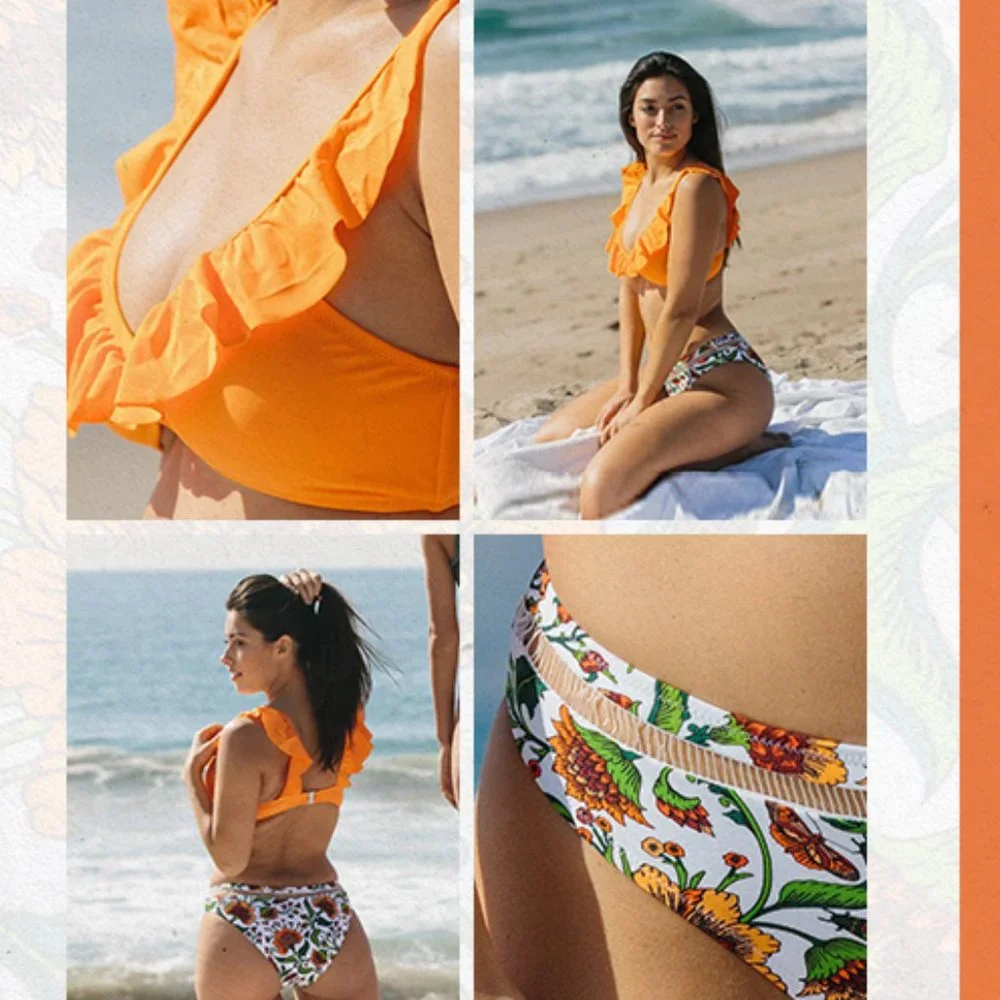 CUPSHE Orange Ruffle Bikini with Floral Bottom NEW WITH TAGS!